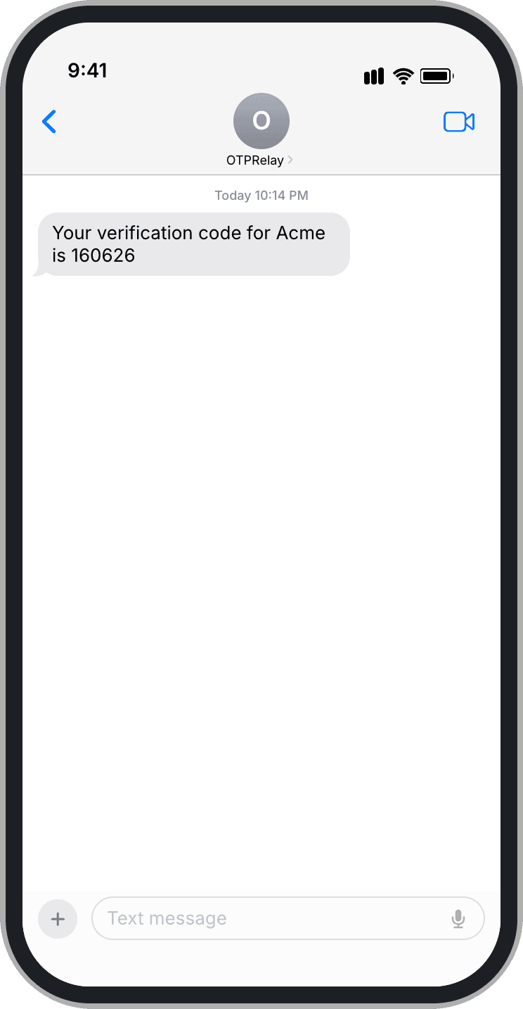 An SMS from OTPRelay delivering a verification code